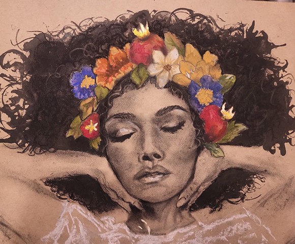 Charcoal watercolor ink mixed media on paper female portrait sacred feminine 