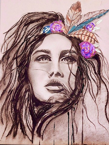 Charcoal watercolor ink mixed media on paper female portrait sacred feminine 