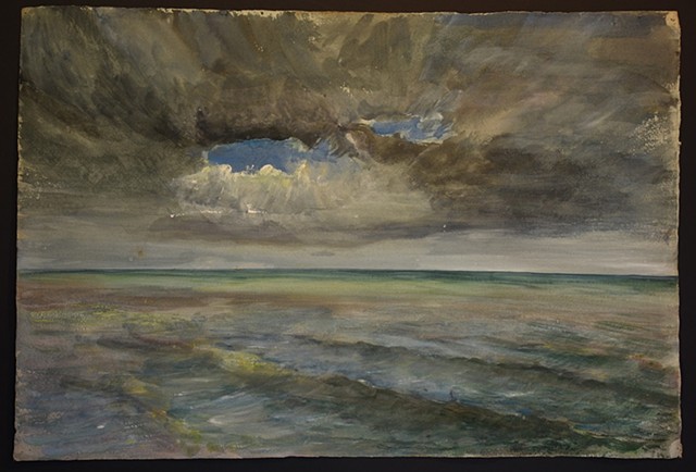 Watercolour - grey clouds encircling a patch of blue sky above a calm sea