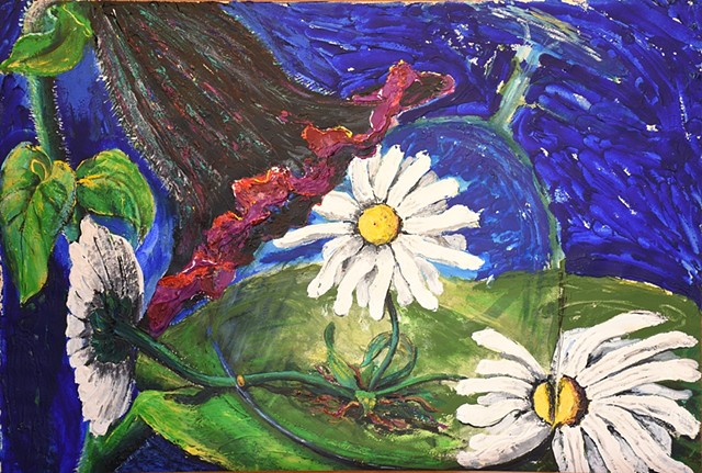 On a Royal Blue background, a plant with a large trumpet flower, bends towards a large leaf on which three daisies are sprouting. An upturned glass covers the central daisy while slicing through the centre of the one on the right.