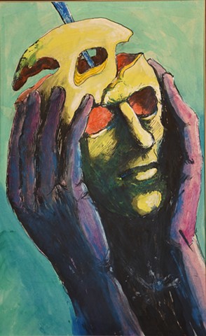 A broken head in hands - On a turquoise background, large purple hands hold an empty, broken head.