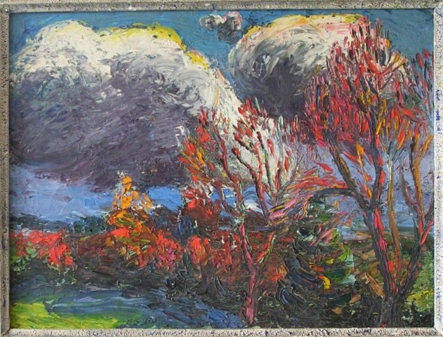 Landscape with large grey and white clouds and a line of colourful trees. Much impasto.