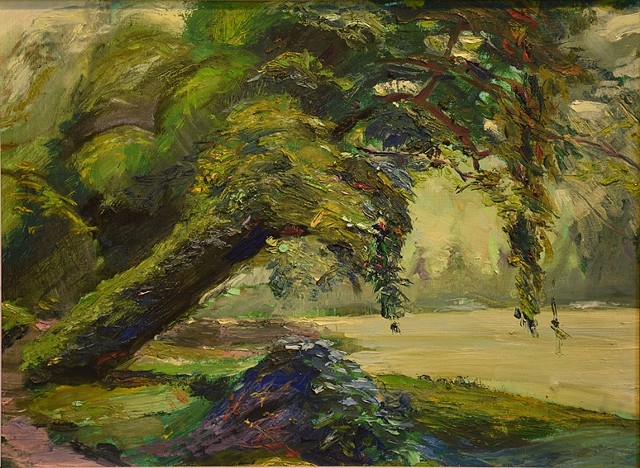 Large trees on left-hand side leaning over green pasture at Shoreham, Kent.