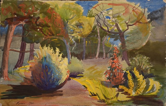 Watercolour landscape with highly colourful trees and bushes, set against a blue sky.