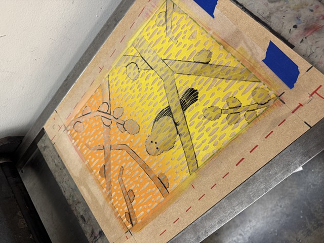 Inked Woodblock with Cut Stencil on Poster Press