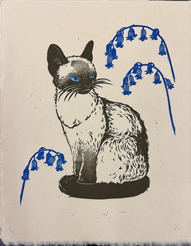 Siamese Cat with Bluebells