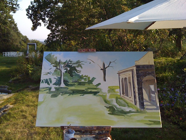 Painting in progress: putting in the background before guests arrive at the reception 