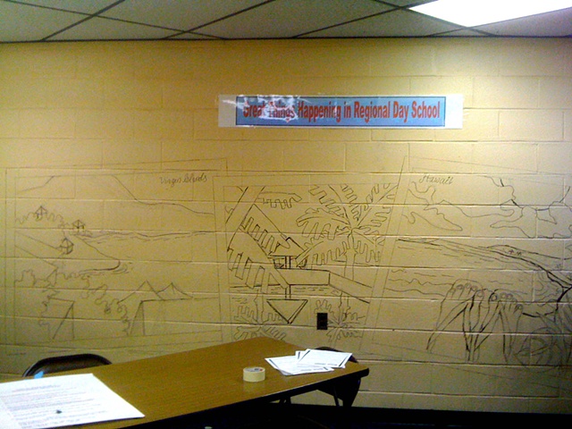 Drawings of the "postcard" murals in teachers lounge, before they were painted by volunteers 