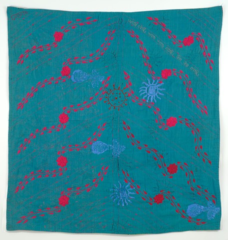Hot Pink Flowers on Green Fields Kantha (with Fatema of Katakhali Village)
