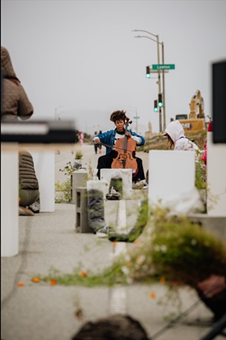 Mia Pixley playing Music to the plants on the Summer Solstice (photo by David Enloe) 