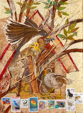 A mockingbird feeds her chick