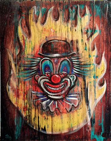 Painting of an old and distressed clown sign with fireball background