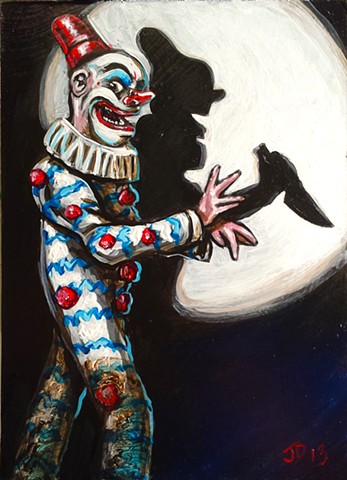 Painting of a creepy clown doing shadow puppetry