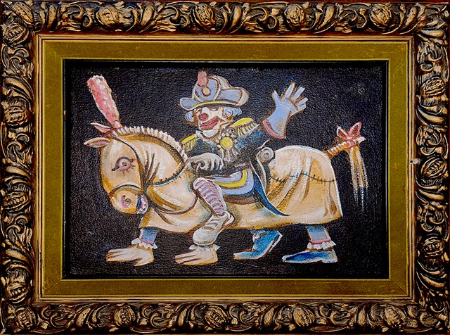 a clown dressed sort of like george washington riding a pantomime horse. Acrylic painting on board presented in vintage frame.
