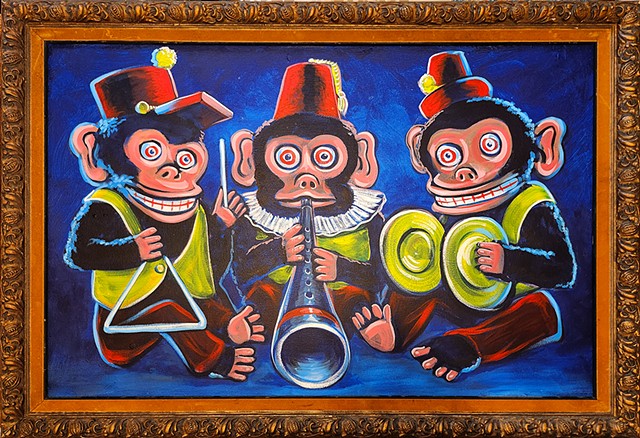 acrylic painting on three musician monkeys that look like old dolls one plays the triangle, the other a horn, and the last the cymbols. presented in vintage frame.