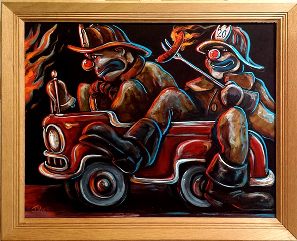 Painting of two fire fighter clowns in a tiny fire engine