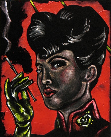 Black Velvet Painting of a Sinister looking asian woman smoking a cigarette in a holder.