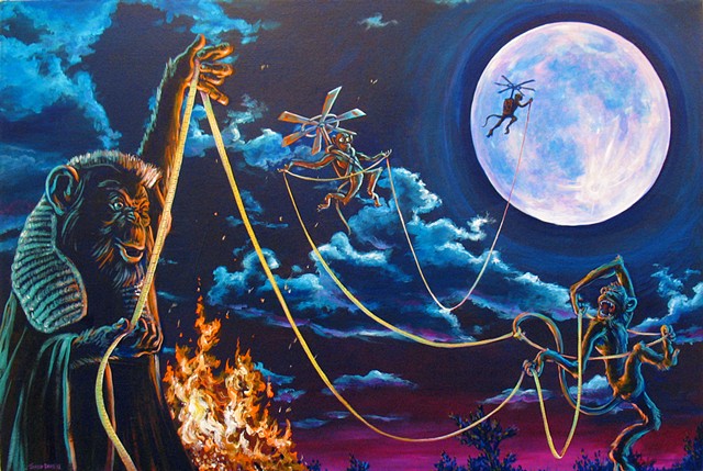 a painting of Several Monkeys who judge the distance to the moon in an unconventional way