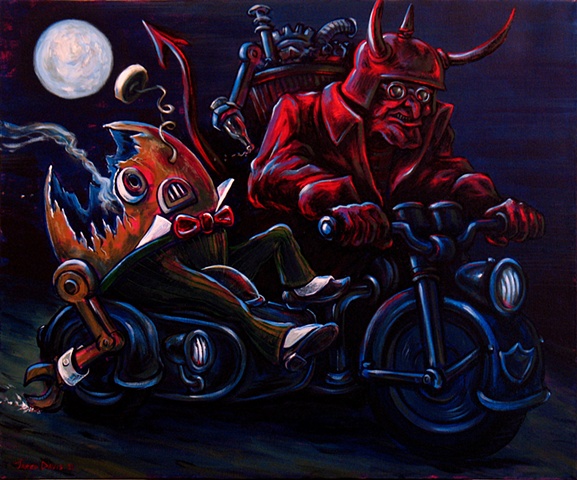 Devil riding a motorcycle with a broken robot in the sidecar