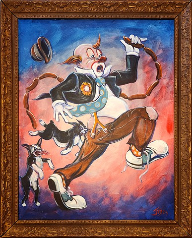 acrylic painting of a clown carrying hot dogs being chased by hungry boston terriers.