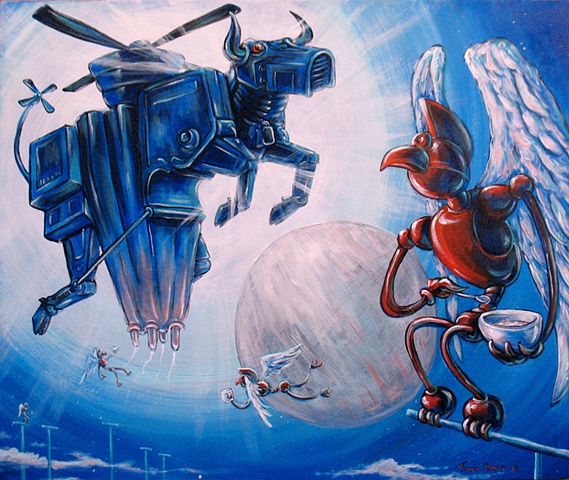 Birdman Robot eats cereal and a Robotic Flying Cow floats in the distance