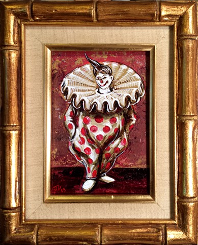 Painting of a polka dotted clown with giant frilly collar
