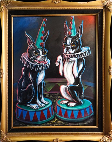Painting of two boston terrier clown dogs at a circus