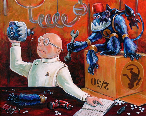 Bald mad scientist assembles flying monkey minions while one monkey minion assits him