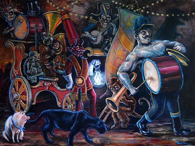 Painting of a parade band with a tattooed man leading the way
