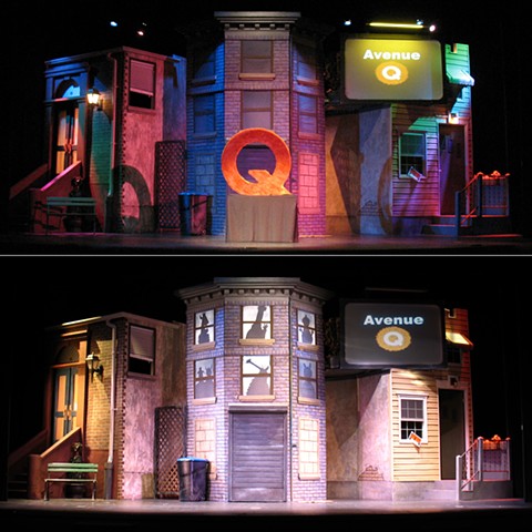 Set Design of Avenue Q for Dominion Stage with two lighting effects