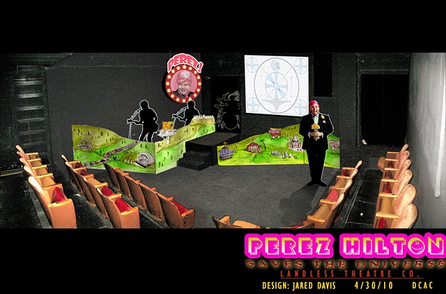 Set design Perspective rendering of Perez Hilton Saves the Universe at the DCAC for Landless theatre Company