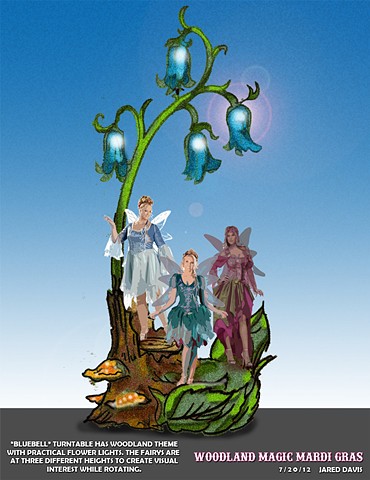 A turntable with three fairies on a bluebell tree stump for the DC mardi gras