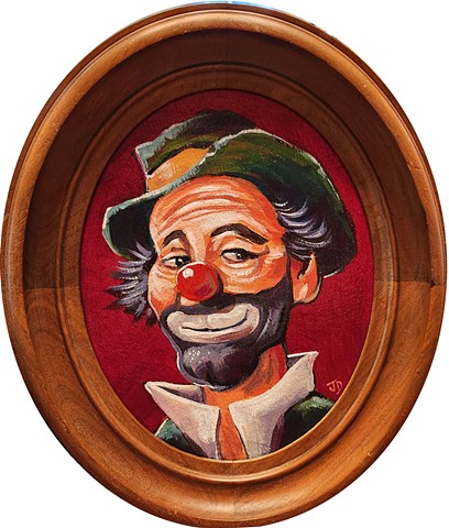 circular acrylic on board painting of a hobo clown. presented in vintage frame.