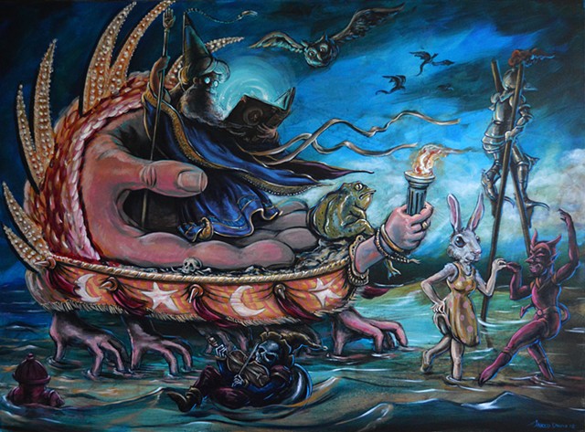 Painting of Wizard on a giant hand on a float made of hands