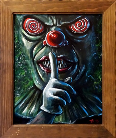 Painting of a creepy clown putting his finger to his lips as if to say "shhhhh"
