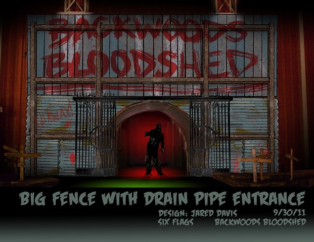 A Set Design rendering of a large spooky fence with a blood painted sign that says "backwoods bloodshed"