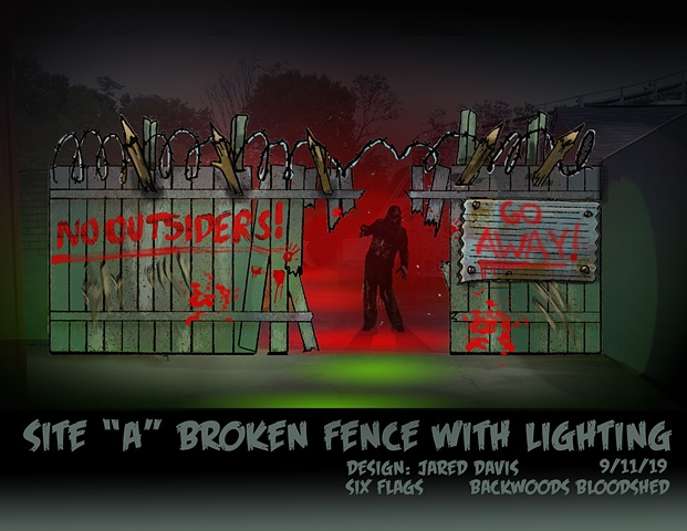 A Set Design rendering of a spooky fence with a hole in it and a blood painted sign that says "no outsiders"
