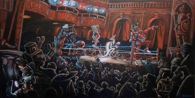 Monkeys boxing in a ballroom or theater, in various states of dress, one is dressed as Elvis