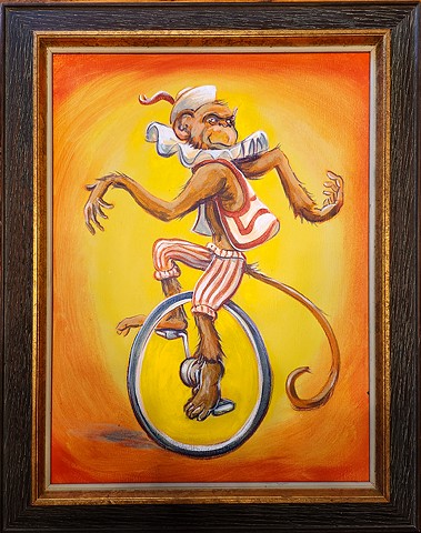acrylic painting of a monkey dressed as a clown and riding a unicycle, presented in a vintage frame.