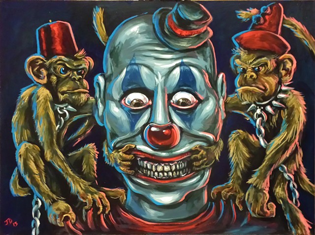 Painting of a creepy clown with two monkeys making him smile