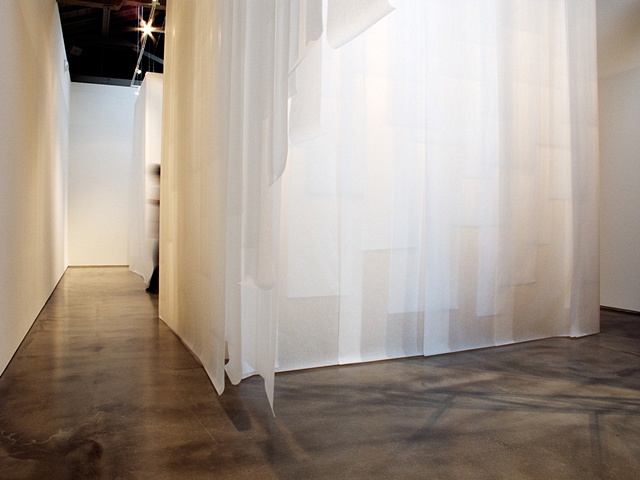 Site specific installation consisting of layers of tracing paper suspended on hardwood support.  Modesto Covarrubias