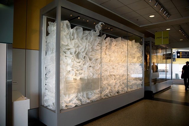 ESCAPE, an installation made of hundreds of yards of tracing paper, structured within a museum display case. Modesto Covarrubias