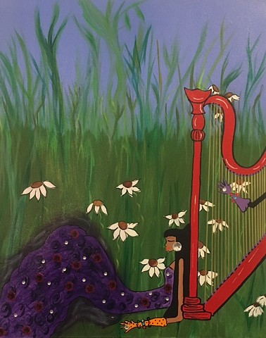 harpist in fleld of daisies