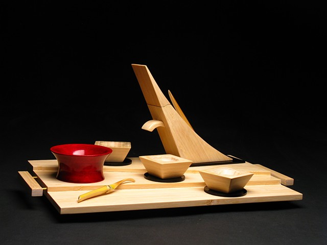 *_SOLD_* All bamboo set of three cups, leaf bowl, and teapot on a three tiered tray