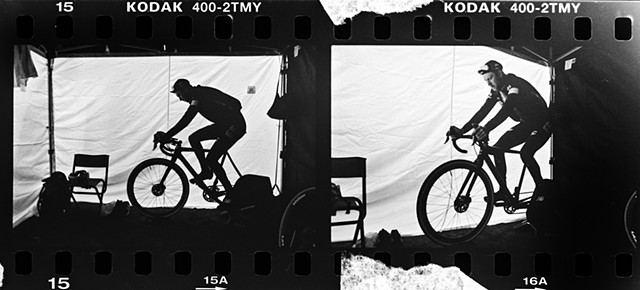 Diptych of Logan Owen warming up inside the team tent.