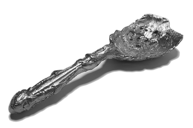 Slotted Spoon with Traces of Decorative Pattern on Handle