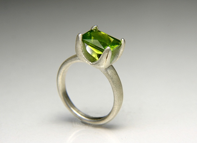 Allison Ring in Silver with Acid Green Emerald Cut Peridot