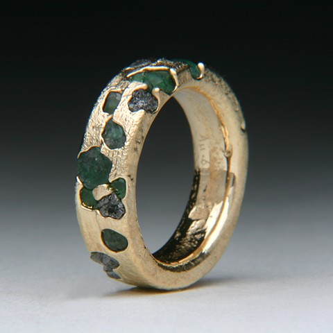 18kt gold Rough emerald and Rough diamond ring. Custom order