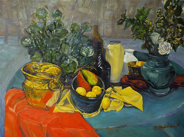 Studio still life with lemons, pears and roses