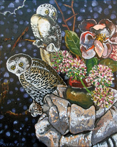 Snowy Owls with Alliums